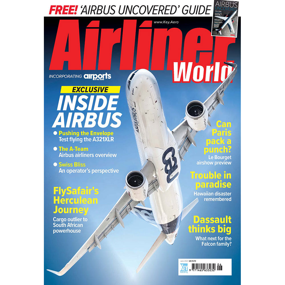 Cover of Airliner World magazine, June 2023, showing an Airbus airliner banking away from the camera against a blue sky.