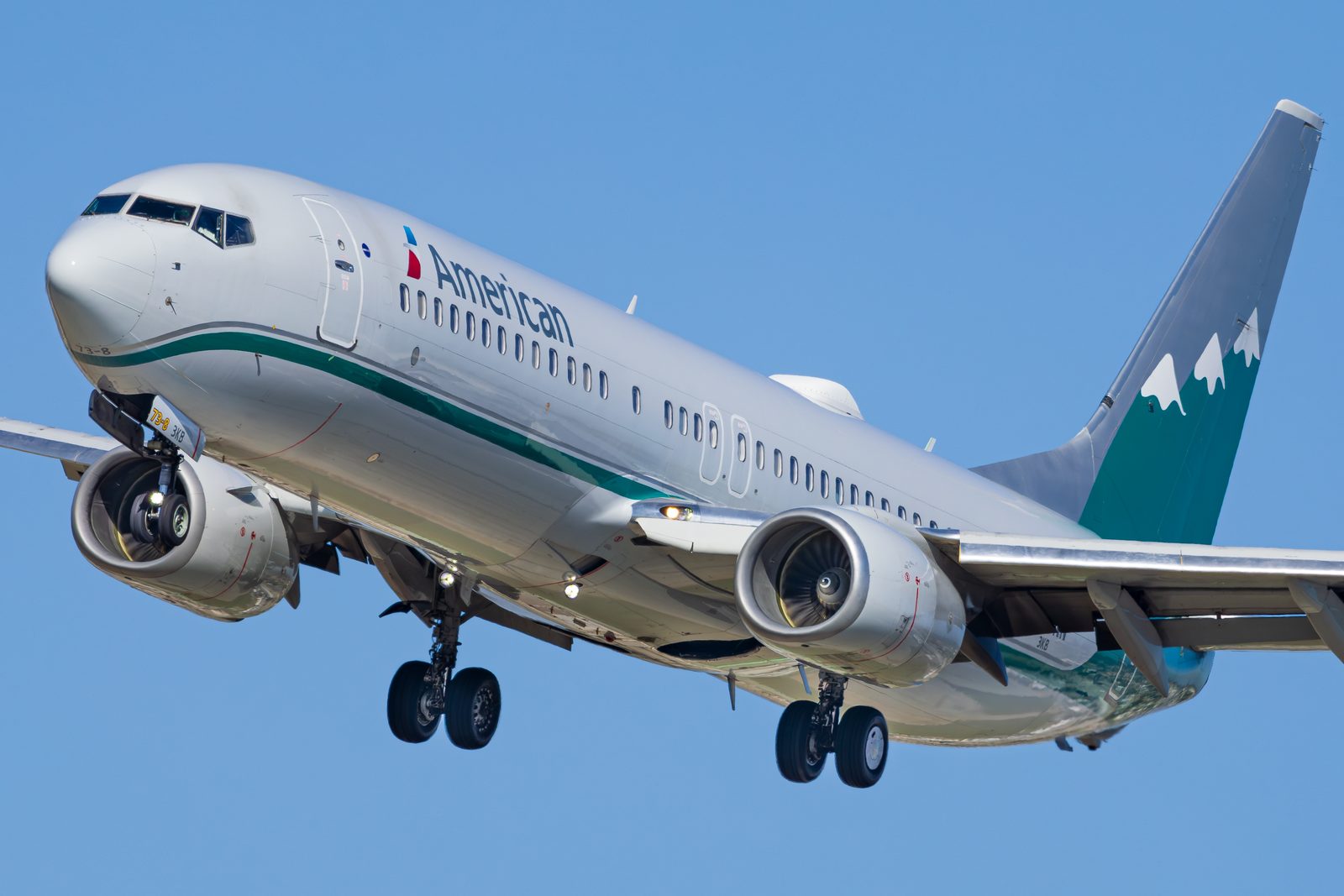 American Airlines Boeing 737-800 with a green Reno Air heritage tail on short final at Los Angeles.