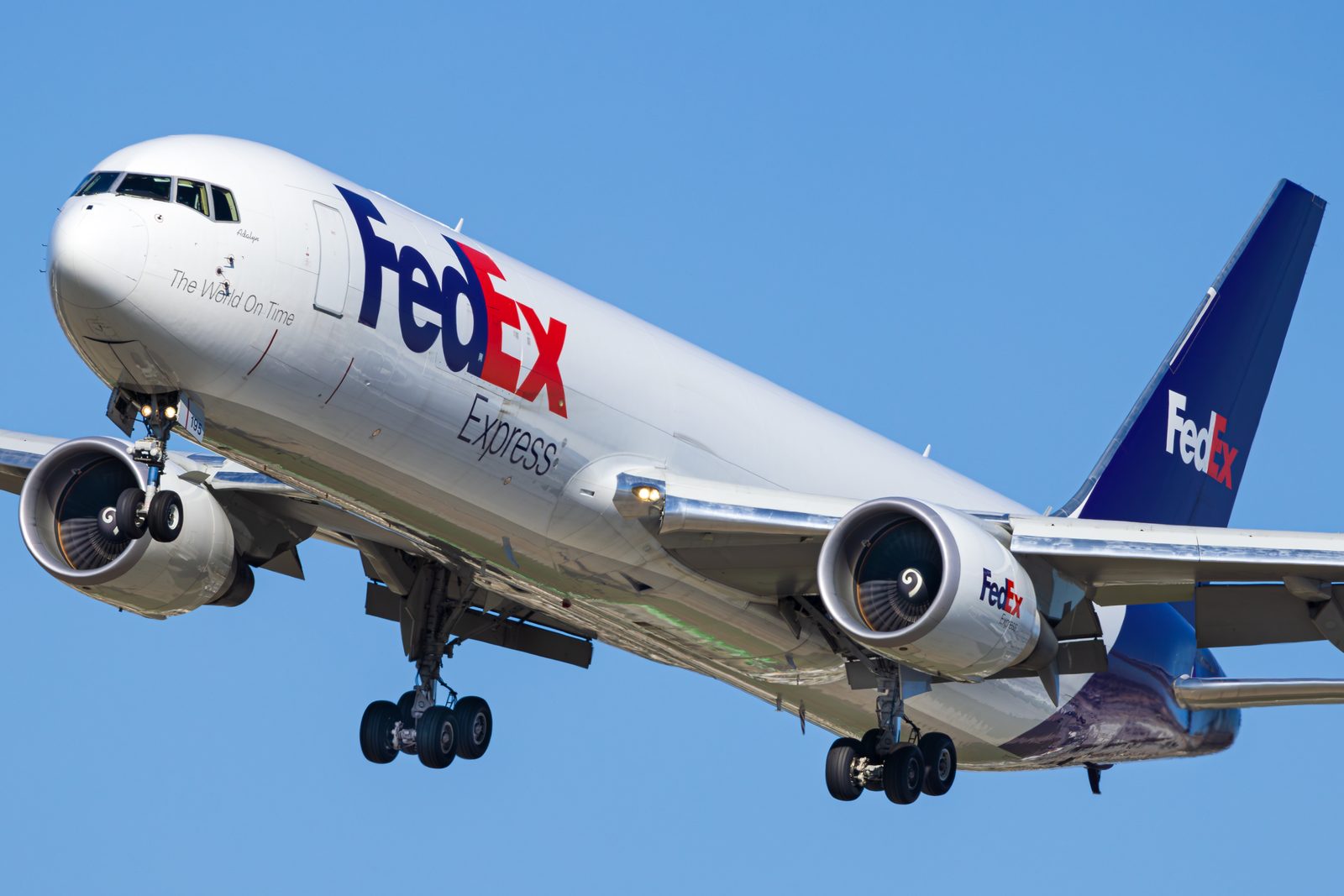 FedEx Express Boeing 767 freighter on short final with gear down.